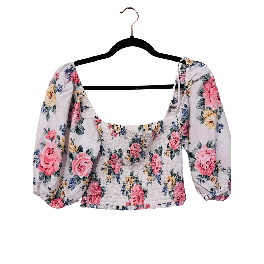 Great Floral Smocked Top crop Large White Pink Puff Sleeve Linen Blend